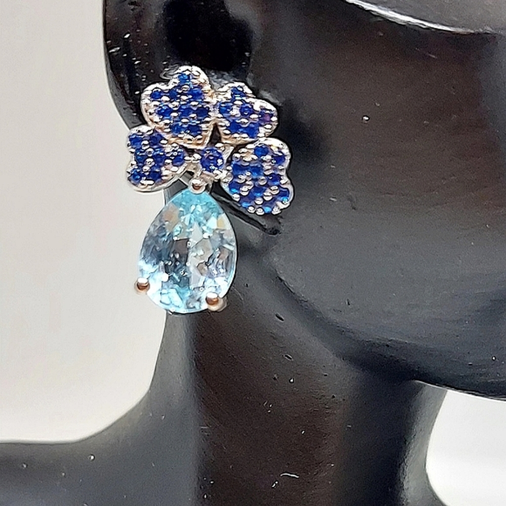 Natural Topaz & Cz 14K White 925 Sterling Silver Earrings‎ - Picture 5 of 6
